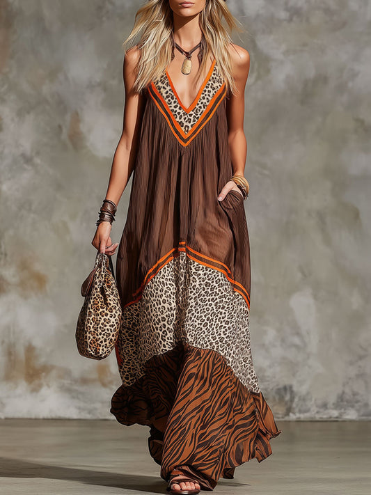 Retro V-Neck Color-Blocked Animal Print Chiffon Sleeveless Maxi Dress
