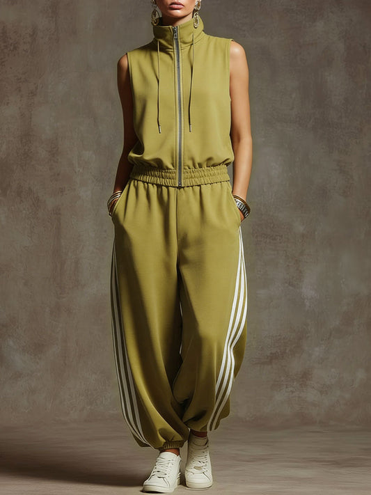 Retro Sporty Sleeveless Sweatshirt and Balloon Pants Set Yellow Green