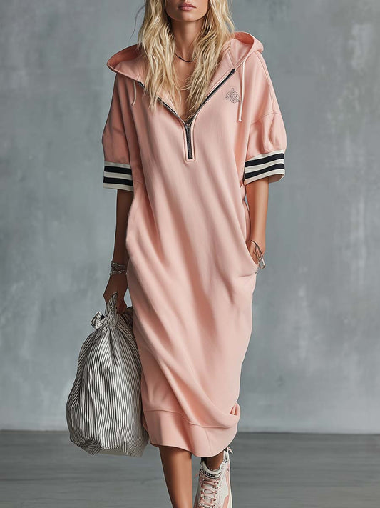Sporty Cherry Blossom Pink Cotton Hooded Midi Dress with Zipper