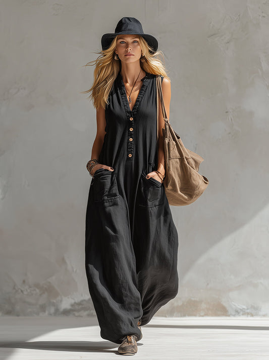 Elegant Black Cotton Linen Sleeveless V-Neck Jumpsuit With Pockets