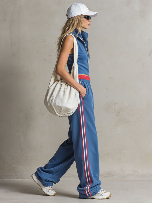 Retro Embroidered Blue Cotton Sleeveless Top And Balloon Pants Set
