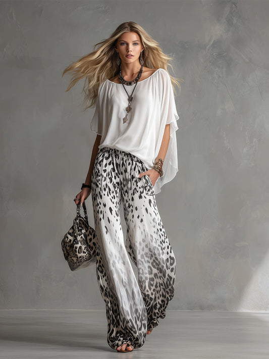 Chic White T-Shirt and Leopard Print Chiffon Pants Set