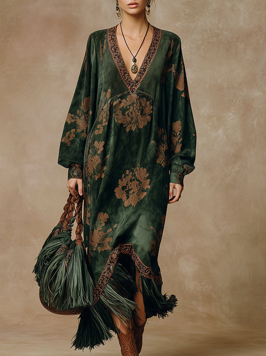 Green Faux Suede Tassel Maxi Dress with Retro Printed Design