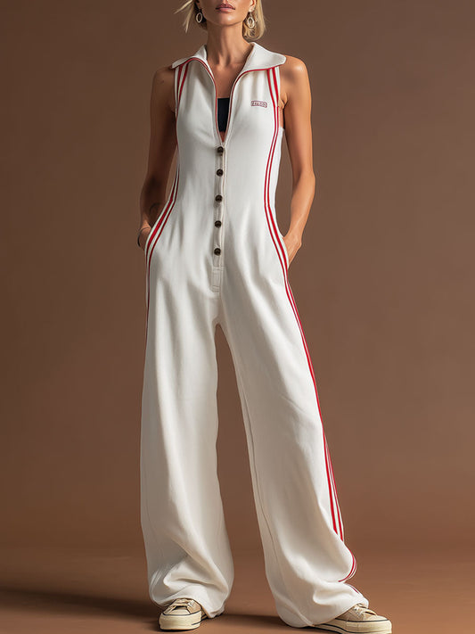 Sporty Retro White Sleeveless Jumpsuit with Red Ribbon Accents