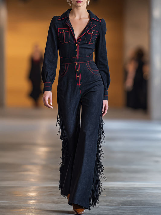 Retro Navy Denim Jumpsuit with Red Topstitching and Tassel Detail