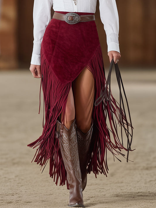 Western Retro Red Faux Suede Fringe Slit Midi Skirt