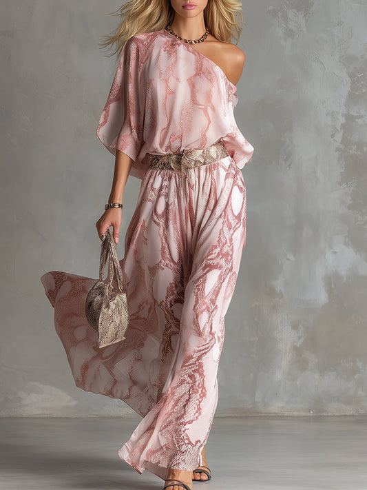 Pink Snakeskin Print One-Shoulder Crop Top And Wide-Leg Pants Set