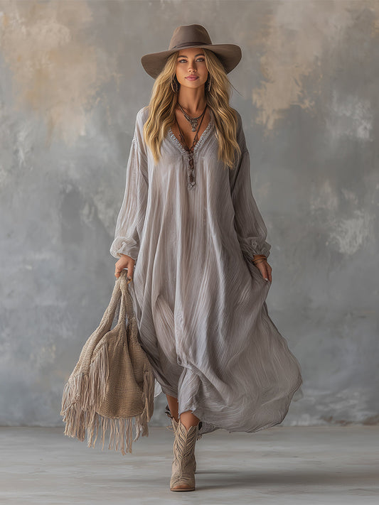 Elegant Light Gray Crinkled Chiffon V-Neck Pleated Maxi Dress