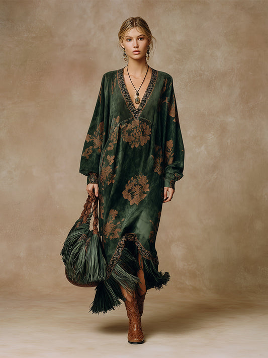 Green Faux Suede Tassel Maxi Dress with Retro Printed Design