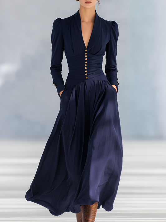 Elegant Button-Decorated V-Neck Long-Sleeved Maxi Dress in Dark Blue
