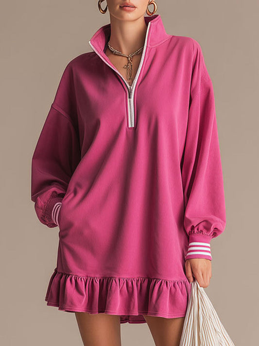 Pink Cotton Half-Zip Ruffle Sweatshirt Mini Dress Casual Sporty