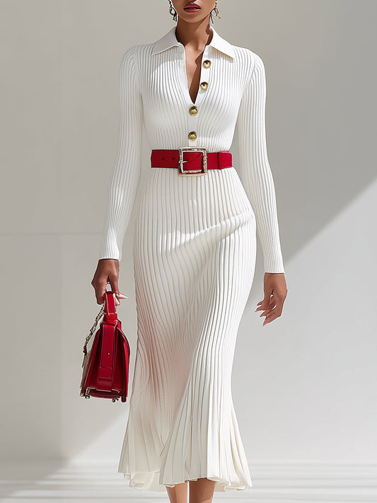 Elegant White Wool Lapel Maxi Dress with Button Detail