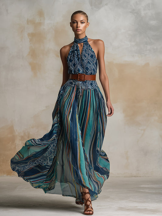 Vintage Ethnic Style Teal Abstract Chiffon Sleeveless Maxi Dress
