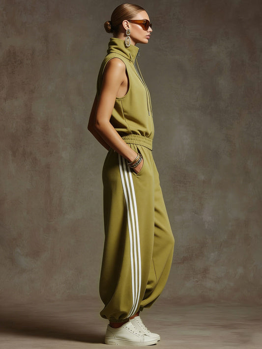 Retro Sporty Sleeveless Sweatshirt and Balloon Pants Set Yellow Green