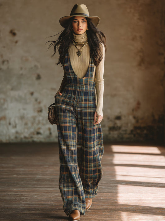 Classic Blue Plaid Wide-Leg Overalls with Side Button Detail