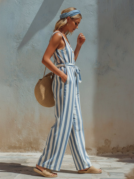 Blue Striped Sleeveless Wide-Leg Jumpsuit with Front Buttons