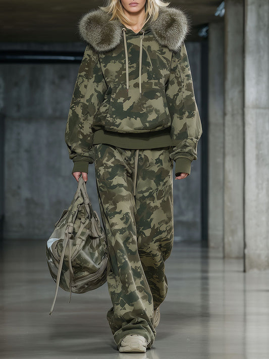 Chic Camouflage Print Faux Fur Collar Sweatshirt Wide-Leg Pants Set
