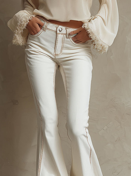 Beige Frayed Hem Flared Jeans High Rise Vintage Style Pants