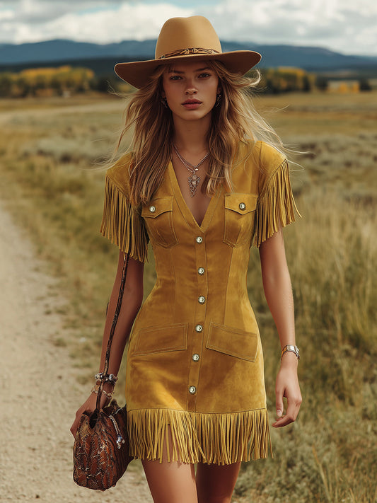 Western Style Vintage V-Neck Fringed Faux Suede Mini Dress Yellow