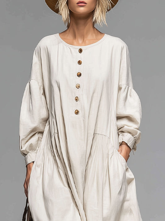 Comfortable Beige Cotton Long-Sleeved Midi Dress With Functional Pockets