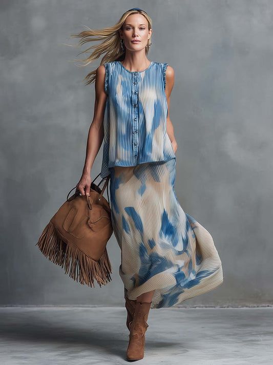 Vintage Inspired Western Retro Print Chiffon Two Piece Skirt Set