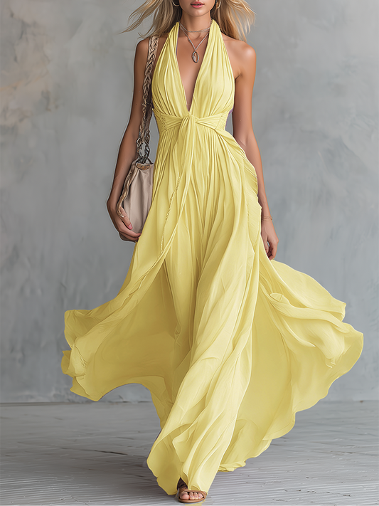 Elegant Halter Neck Sleeveless Chiffon Maxi Dress For Summer Parties