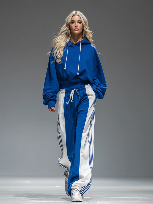 Retro Sporty Hoodie And Striped Wide Leg Pants Set