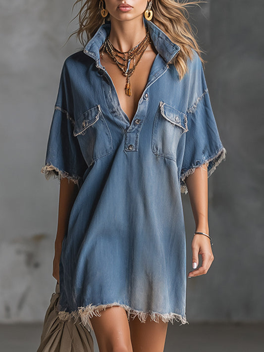 Stylish Frayed Edge Blue Denim Mini Dress Short Sleeve Casual