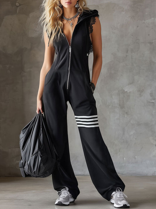 Retro Sporty Sleeveless Hooded Jumpsuit with Lace and Pockets