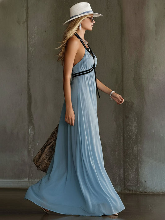 Elegant Blue Chiffon Color-Blocked Strapless Sleeveless Maxi Dress A-Line
