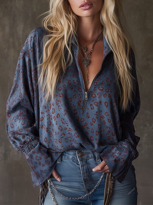 Stylish Blue Leopard Print Faux Suede Half-Zip Western Shirt