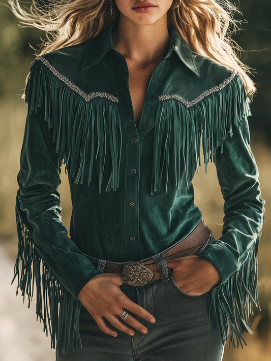 Bohemian Retro Dark Green Suede Shirt with Tassel Lapel Detail