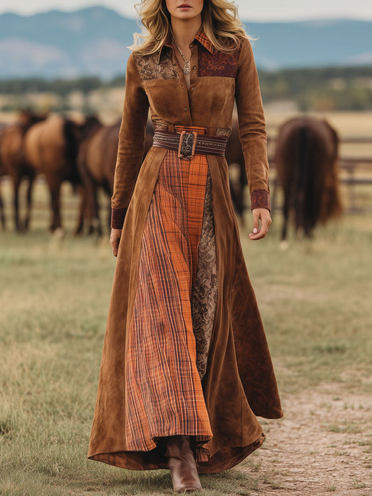 Western Retro Caramel Faux Suede Plaid Patchwork Lace-Up Maxi Dress