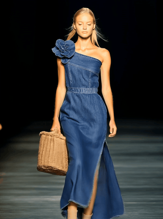 Elegant Strapless Denim Maxi Dress with 3D Floral Detail