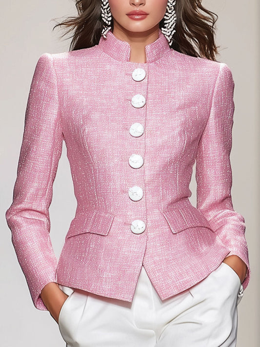 Elegant Pink Stand-up Collar Single-breasted Tweed Jacket for Women