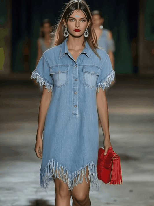 Oyrosy Women's Vintage Denim Short Sleeve Tassel Mini Shirt Dress
