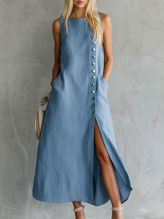 Breathable Blue Cotton Sleeveless Midi Dress With Side Slit Detail