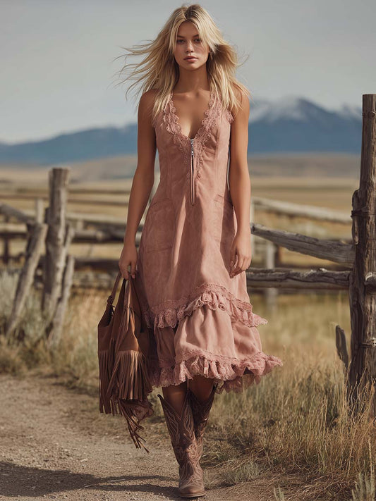 Vintage Western Faux Suede Midi Dress with Lace and Ruffles