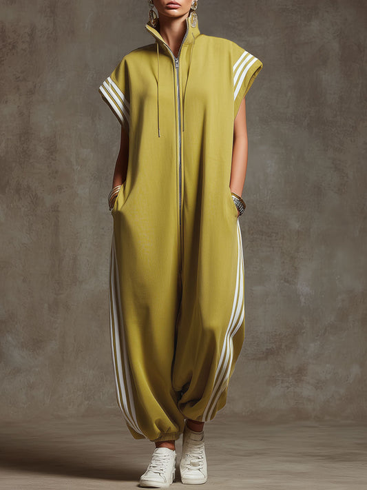 Vibrant Sleeveless Sports Jumpsuit with White Side Webbing Details