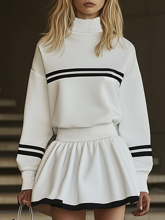 Sporty Striped Long Sleeve Sweatshirt Mini Dress for Casual Wear