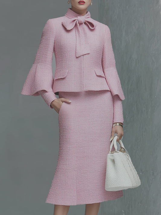 Elegant Pink Tweed Jacket and Skirt Set with Bow Tie