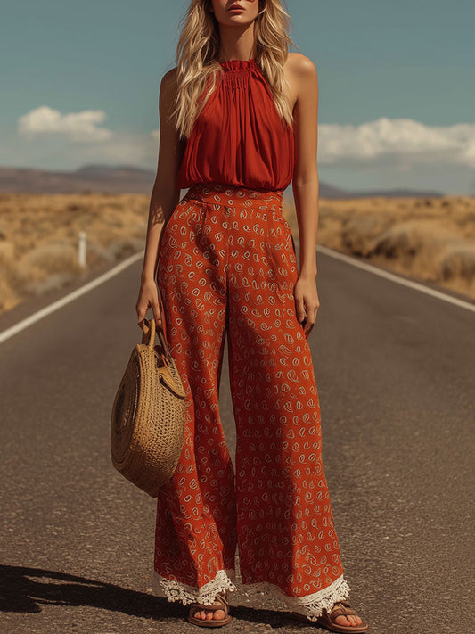 Western Retro Print Red Sleeveless Shirt And Trousers Set