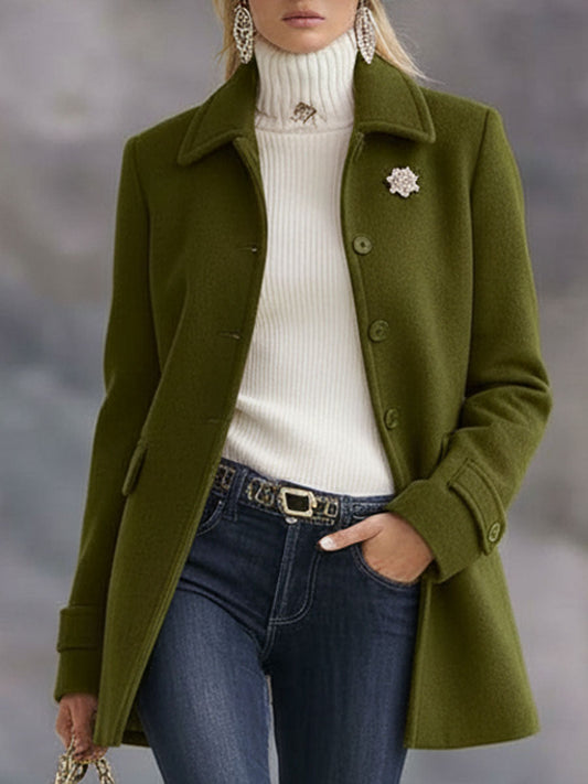 Casual Retro Olive Green Tweed Coat with Lapel and Pockets