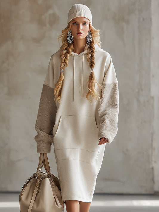 Cozy Beige Hooded Polar Fleece Sleeve Midi Sweatshirt Dress