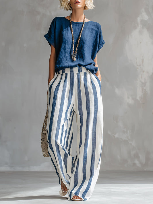 Elegant Blue Cotton Linen T-Shirt and Striped Wide-Leg Pant Set