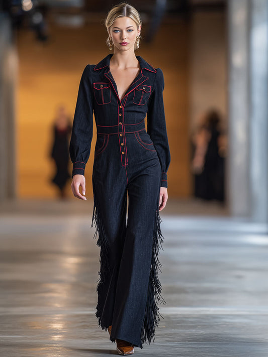 Retro Navy Denim Jumpsuit with Red Topstitching and Tassel Detail