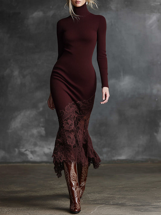 Elegant Burgundy High-Neck Knitted Maxi Dress With Lace Hem Detail