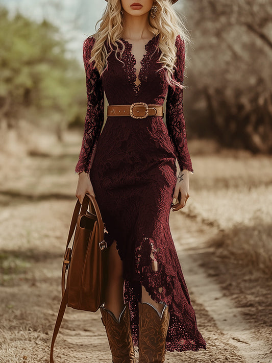 Vintage Bohemian Lace Long Sleeve V-Neck Midi Dress with Belt