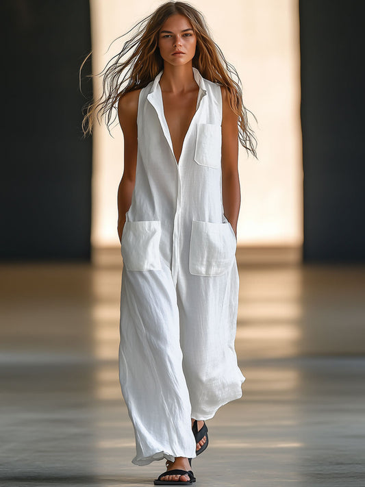 Casual Loose Retro White Linen Sleeveless Wide Leg Jumpsuit