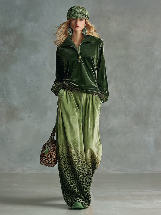 Retro Green Velvet Collared Top and Leopard Wide-Leg Pants Set